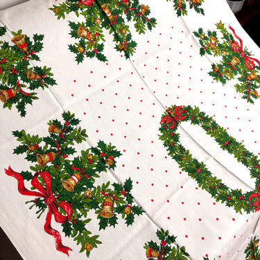 1960s Fallani & Cohn Christmas tablecloth – The Ryans – bells, holly, mistletoe, polka dots – 53" x 68" - NextStage Vintage