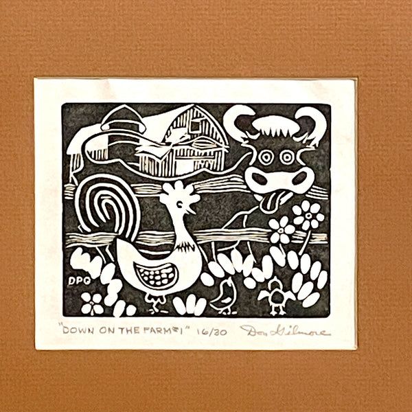 "Down on the Farm #1" numbered block print by Don Gilmore - 1970s vintage - NextStage Vintage