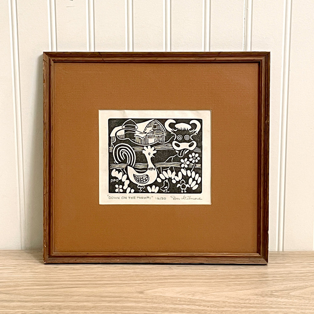 "Down on the Farm #1" numbered block print by Don Gilmore - 1970s vintage - NextStage Vintage
