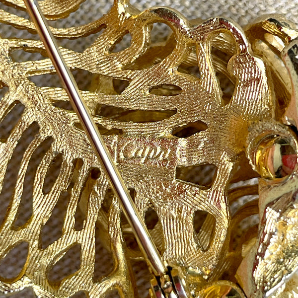 Capri gold feather brooch - 1980s vintage costume jewelry