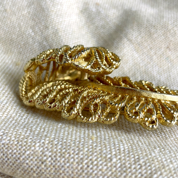Capri gold feather brooch - 1980s vintage costume jewelry