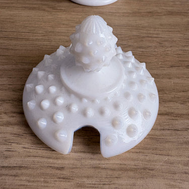 Vintage Fenton hobnail milk glass jam jelly condiment pot with spoon and lid - NextStage Vintage