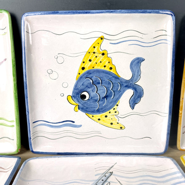 8 faience square pottery luncheon plates with handpainted fish - vintage from Norway - NextStage Vintage