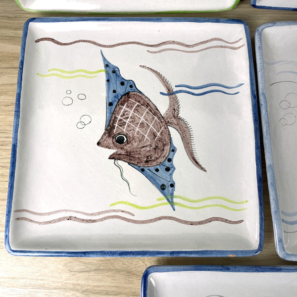 8 faience square pottery luncheon plates with handpainted fish - vintage from Norway - NextStage Vintage