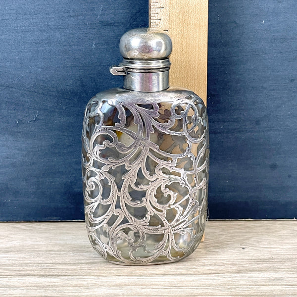 Antique silver overlay art nouveau flask - 5" tall - NextStage Vintage