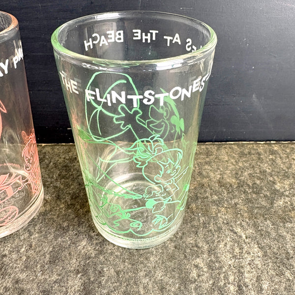 Flintstones Welch's jelly glasses set of 2 - 1964 vintage - Fred Pebbles Dino Bam Bam