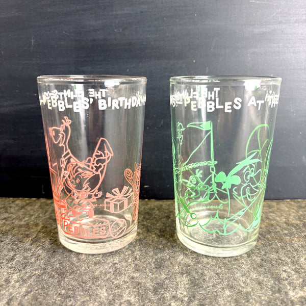 Flintstones Welch's jelly glasses set of 2 - 1964 vintage - Fred Pebbles Dino Bam Bam