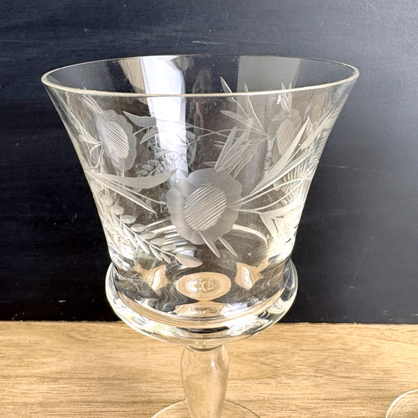 Mid century floral cut wine glasses - set of 5 - vintage barware - NextStage Vintage