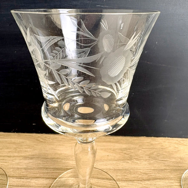Mid century floral cut wine glasses - set of 5 - vintage barware - NextStage Vintage
