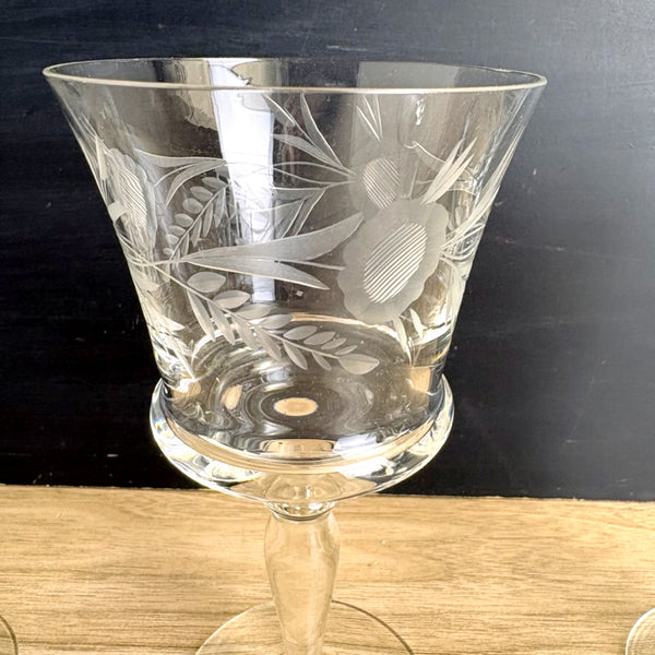 Mid century floral cut wine glasses - set of 5 - vintage barware - NextStage Vintage