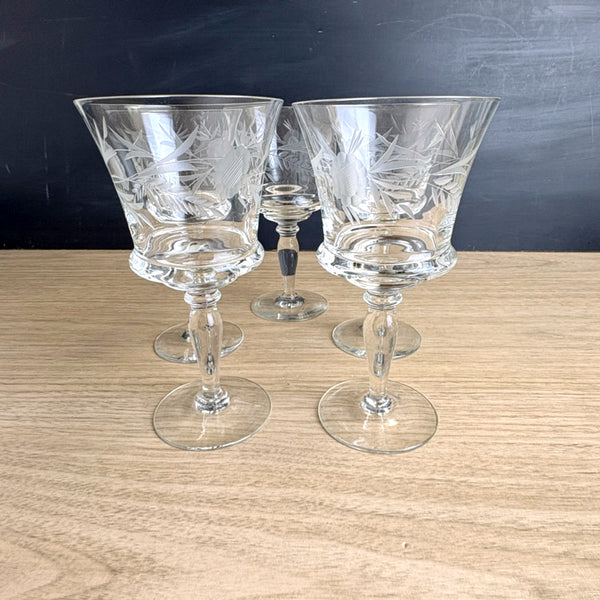 Mid century floral cut wine glasses - set of 5 - vintage barware - NextStage Vintage