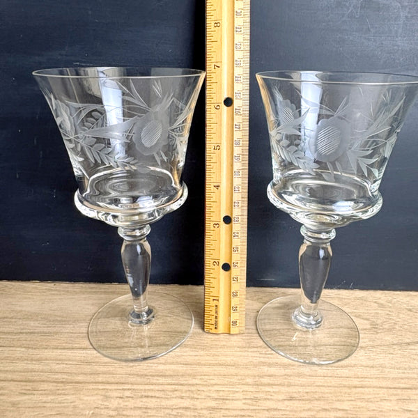 Mid century floral cut wine glasses - set of 5 - vintage barware - NextStage Vintage