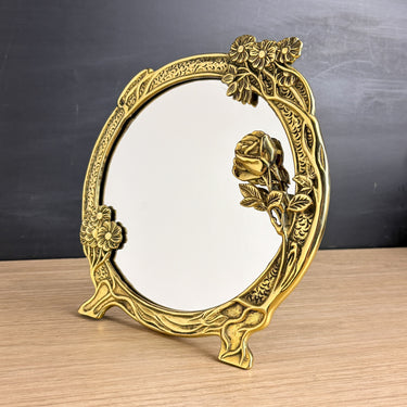 Vintage Brass Art Nouveau Style Vanity Mirror - Round Rose & Floral Easel Mirror - 1980s Vintage