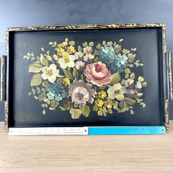 Floral painted oversized wood serving tray with handles - 1950s vintage - NextStage Vintage