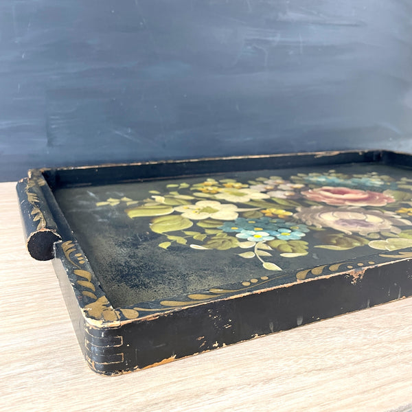 Floral painted oversized wood serving tray with handles - 1950s vintage - NextStage Vintage