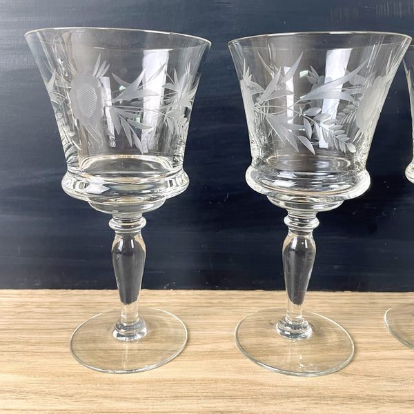 Mid century floral cut wine glasses - set of 8 - vintage barware - NextStage Vintage