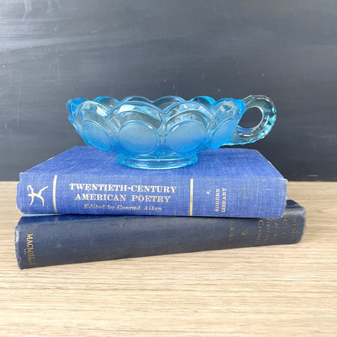 Fostoria Coin blue aqua handled nappy - 1970s vintage elegant glass