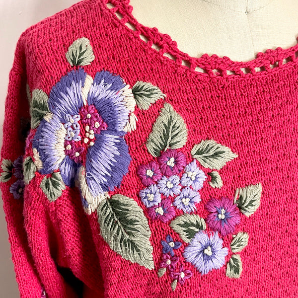 Pink floral embroidered pullover sweater - 1980s vintage - size M - NextStage Vintage