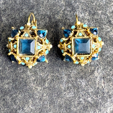 Royal deco vintage-inspired gold tone and blue leverback wire pierced earrings - NextStage Vintage