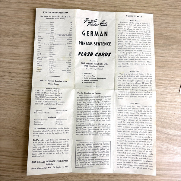 German phrase-sentences flash cards - 1960 vintage in box - Gelles-Widmer Co