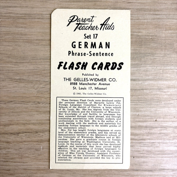 German phrase-sentences flash cards - 1960 vintage in box - Gelles-Widmer Co