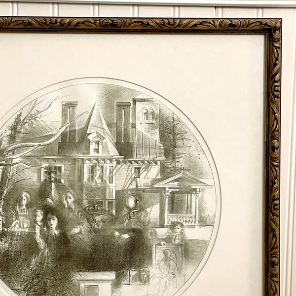 Ghostly vintage etching of Victorian house and inhabitants - framed art - NextStage Vintage