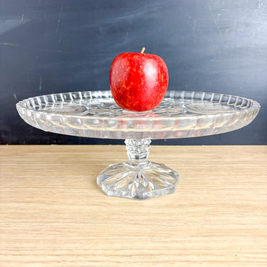 Vintage Clear Pressed Glass Pedestal Cake Stand - Sunflower and Crosshatch Pattern - Octagonal Foot