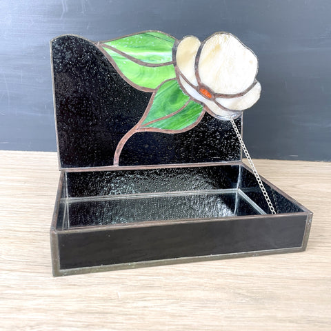 Stained glass floral jewelry box - vintage glass art