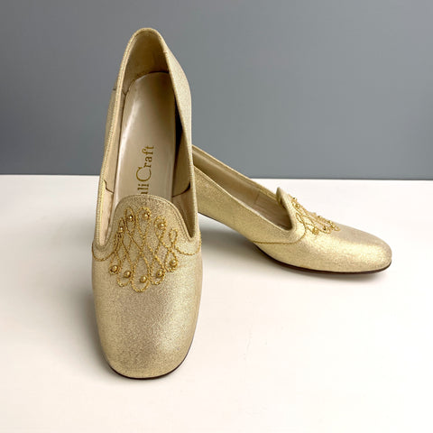 Gold lame chunky heel party shoes - 1970s vintage - size 6.5B - NextStage Vintage