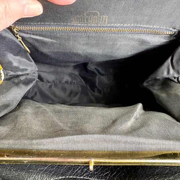 Margolin black leather handbag - 1970s vintage - snap clasp - grannycore