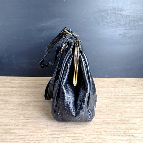 Margolin black leather handbag - 1970s vintage - snap clasp - grannycore