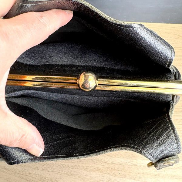 Margolin black leather handbag - 1970s vintage - snap clasp - grannycore
