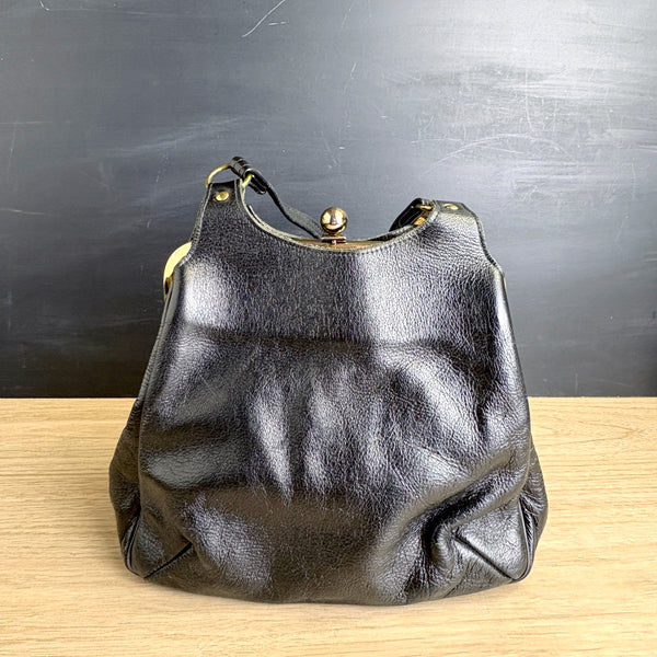 Margolin black leather handbag - 1970s vintage - snap clasp - grannycore