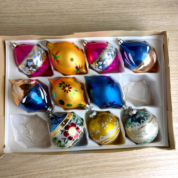 Grants Prestige Line and Shiny Bright vintage glass ornaments in box - 1970s great graphics