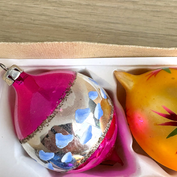 Grants Prestige Line and Shiny Bright vintage glass ornaments in box - 1970s great graphics