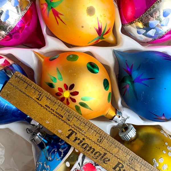 Grants Prestige Line and Shiny Bright vintage glass ornaments in box - 1970s great graphics