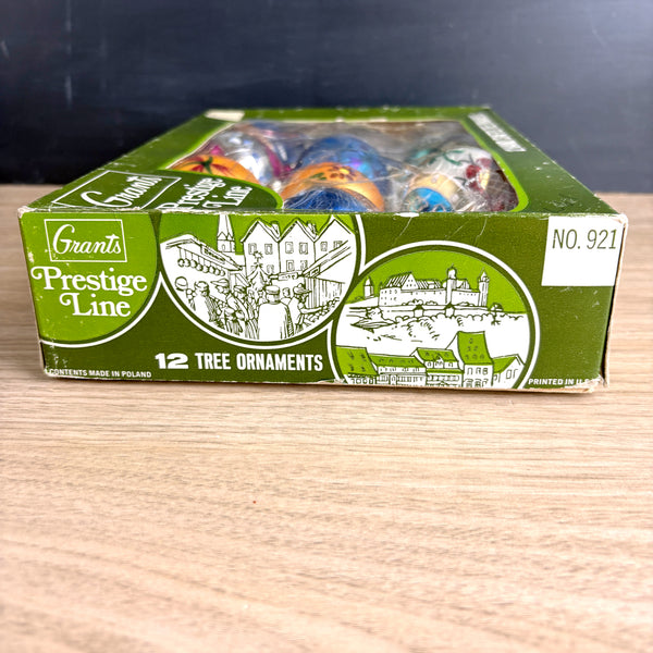 Grants Prestige Line and Shiny Bright vintage glass ornaments in box - 1970s great graphics