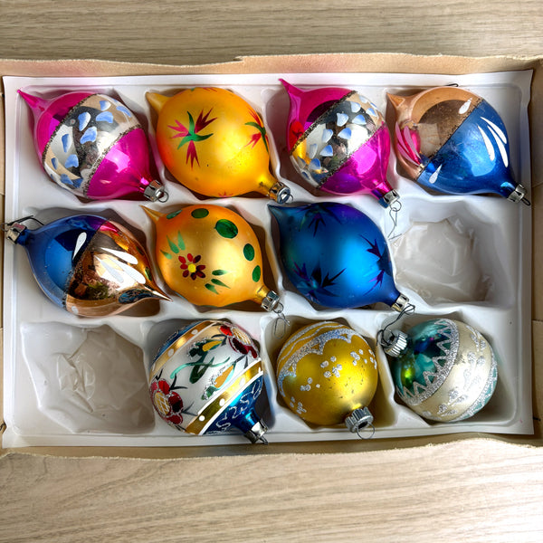 Grants Prestige Line and Shiny Bright vintage glass ornaments in box - 1970s great graphics