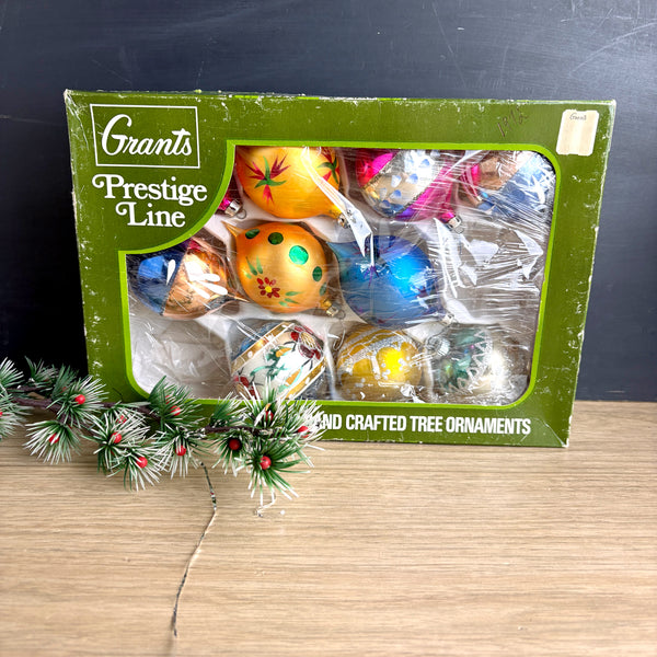 Grants Prestige Line and Shiny Bright vintage glass ornaments in box - 1970s great graphics
