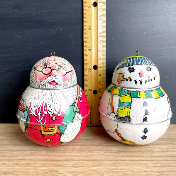 Hallmark 1991 Jolly Wolly Santa and Snowman - pressed tin ornaments