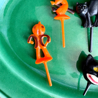 Vintage Halloween plastic cupcake picks toppers cake decorating or crafts - cat skull witch - set of 6 - NextStage Vintage