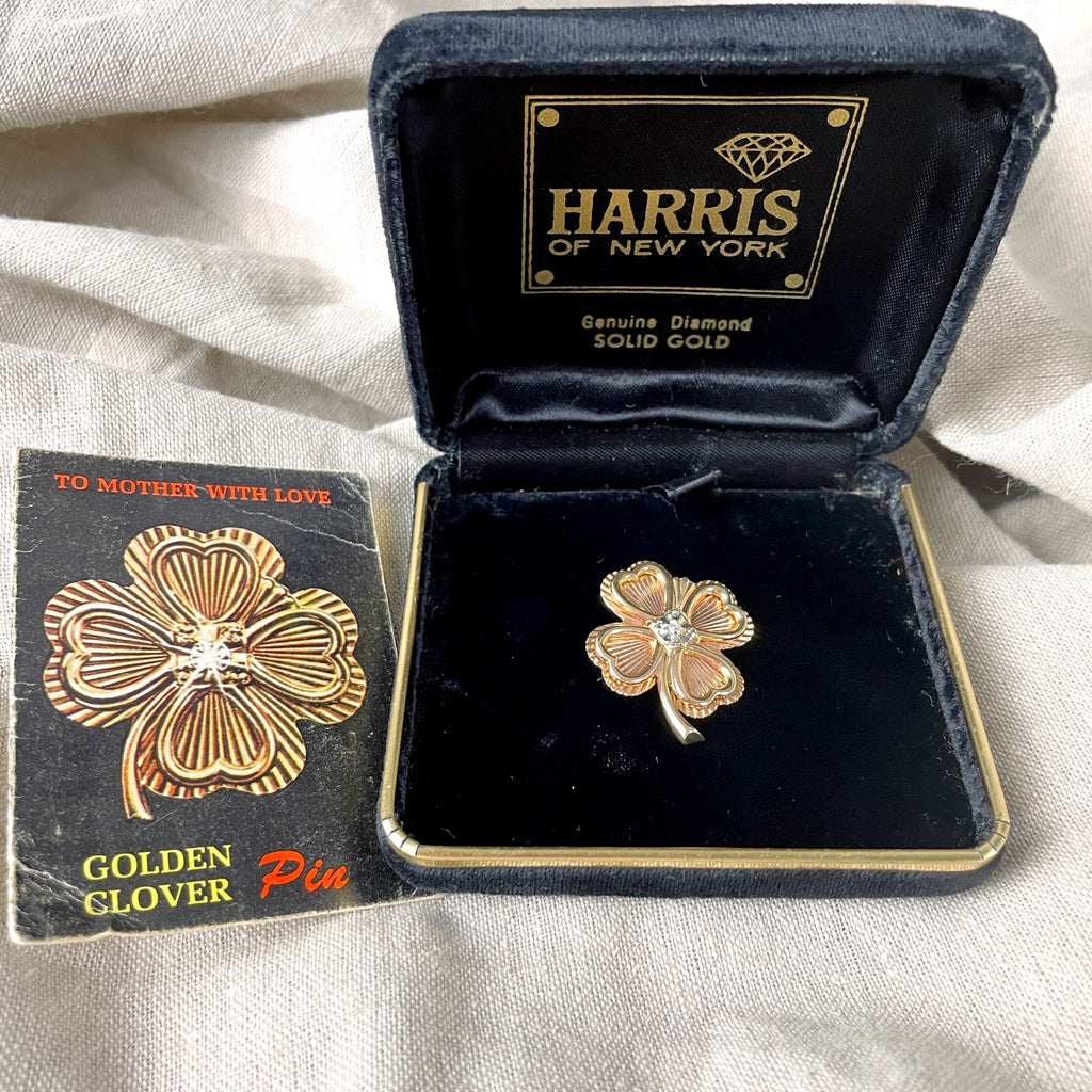 10K Gold Clover and diamond pin - Harris of New York - vintage jewelry - NextStage Vintage