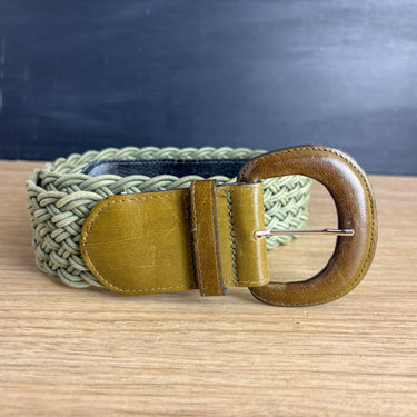 Harvé Bernard Braided Cord Belt - Vintage 90s Boho Olive Khaki Green and Leather Accent Belt - Size M/L