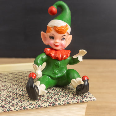 Vintage Rubber Pixie Elf Shelf Sitter Hong Kong 1950s 1960s Christmas Figure Waving Green Red Knee Bent Figurine