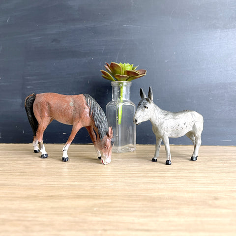 Composition putz horse and donkey - vintage German animal figurines