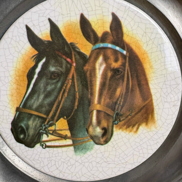 Vintage 1950s Decorative Horse Wall Plate with Pewter Frame - Equestrian Decor - Crackle Glaze Ceramic Tile