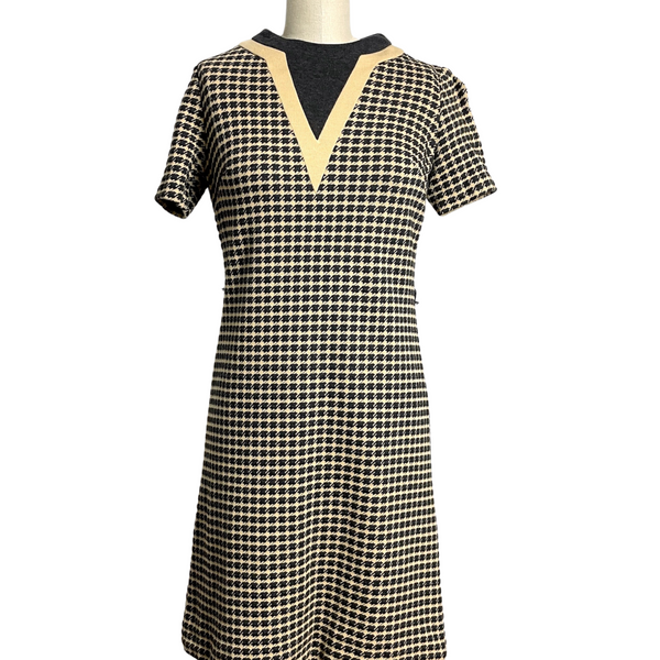 1960s tan & charcoal houndstooth A-Line dress – Fischer Fashion – size small - NextStage Vintage