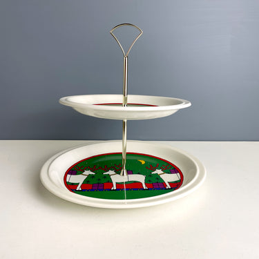 Houze Staffordshire reindeer 2-tiered server - vintage 1980s Christmas china - NextStage Vintage