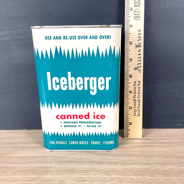 Iceberger canned ice - Guard All Chemical Co, Inc. - freeze and refreeze metal can for coolers - 1960s vintage