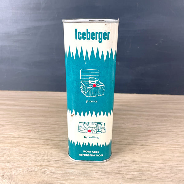 Iceberger canned ice - Guard All Chemical Co, Inc. - freeze and refreeze metal can for coolers - 1960s vintage